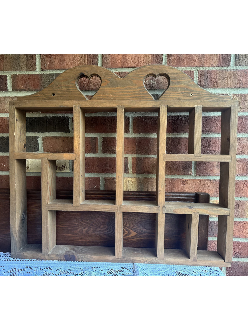 Vintage Cottage Core Wooden Trinket Wall Shelf with Heart Cutouts